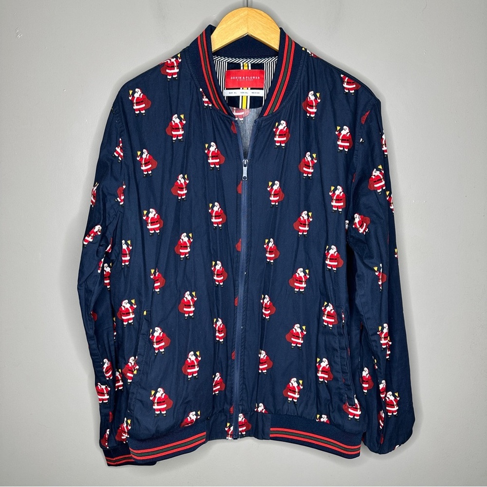 Denim & Flower Navy Full Zip  Jacket with Santa Print